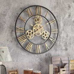 50 cm Noire Industrielle Bois Vintage Pendule Murale Steampunk Chiffres Romains pour Salon Bar Bureau
