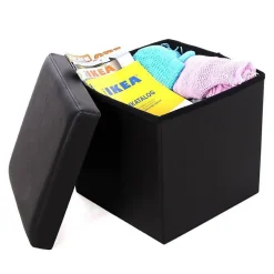 2 en 1 Pouf pliant et coffre de rangement Vinyle Noir 38 x H 37.5 cm