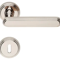 2 poignées rosace ronde, rosace trou de clé L garantie 5 ans, finition nickel poli, pour porte intérieure.