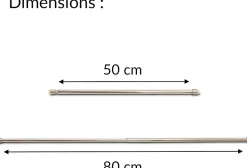 2 Tringles à Rideaux, Sans Perçage, par Pression, Nickel, Extensible 50-80 cm