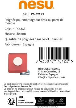8 Un. bouton pour enfants poignées de meuble en résine plastique ABS rouge chromé mat 30x30X26MM