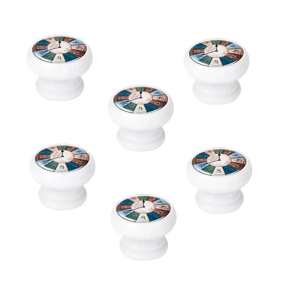 6 Un. bouton poignées de meuble Vintage Retro bois laqué blanc horloge - diamètre 40MM
