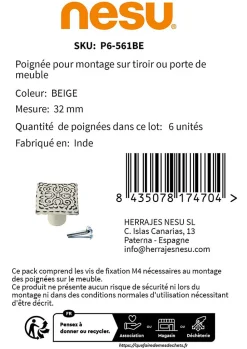 6 Un. bouton poignées de meuble SHABBY CHIC fer vieilli patine beige mat 31x31x27mm de la craie usé