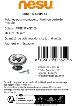 6 Un. bouton poignées de meuble Vintage Retro métal argent vieux papillon - diamètre 37MM