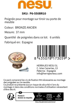 6 Un. bouton poignées de meuble en métal Vintage Retro bronze vieilli BIG VALVE - diamètre 37MM
