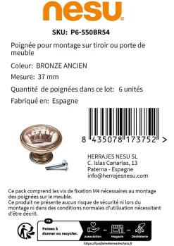 6 Un. bouton poignées de meuble Vintage Retro métal bronze vieilli femme - diamètre 37MM