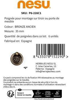 6 Un. poignées de meuble anneau bronze vieilli - diamètre 35MM