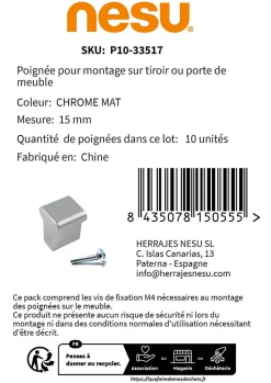 10 Un. poignées de meuble chromé mat de 16x16MM