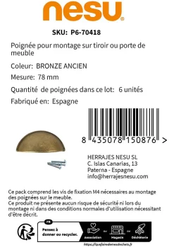 6 Un. poignées de meuble coquille laiton bronze vieilli pour porte cuisine - entraxe 64MM