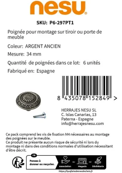 6 Un. poignées de meuble en argent vieux tiroir classique - diamètre 34MM