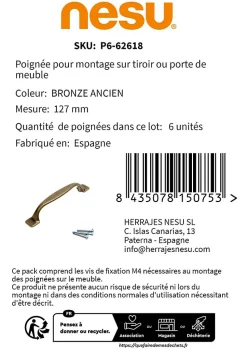 6 Un. poignées de meuble en bronze vieilli - entraxe 96MM
