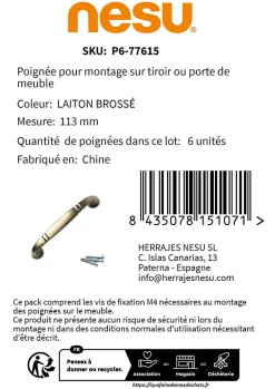 6 Un. poignées de meuble en laiton brossé pour porte cuisine - entraxe 96MM