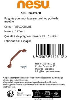 6 Un. poignées de meuble en cuivre vieux tiroir classique - entraxe 96MM