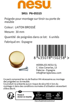 6 Un. poignées de meuble en laiton brossé - diamètre 30MM