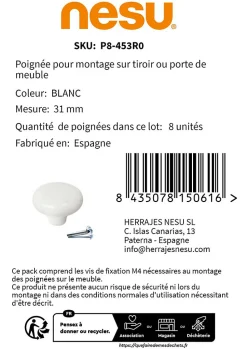 8 Un. poignées de meuble en porcelaine blanc - diamètre 31MM