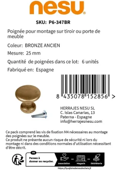 6 Un. poignées de meuble en bronze vieilli tiroir classique - diamètre 25MM