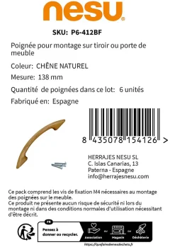 6 Un. poignées de meuble en bois roble laqué naturel - entraxe 96MM