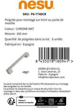 6 Un. poignées de meuble en résine plastique ABS chromé mat porte armoire cuisine - entraxe 160MM