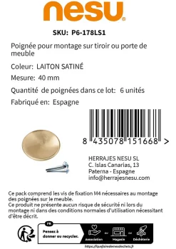 6 Un. poignées de meuble en laiton satin pour commode - diamètre 40MM
