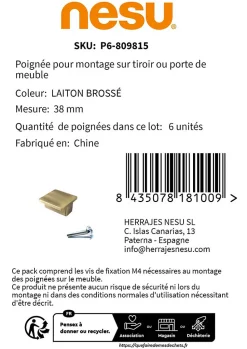 6 Un. poignées de meuble laiton mat porte armoire cuisine salle de bain38x38MM