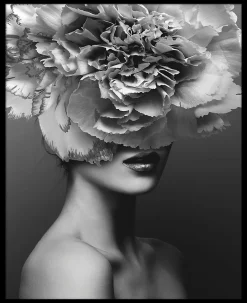 Affiche portrait femme chapeau de fleurs noir et blanc L.40 x H.50cm Dada Art