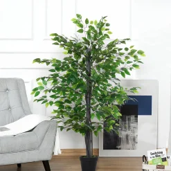 Arbre artificiel plante artificiel banyan hauteur 1,45 m tronc branches liane lichen feuilles grand réalisme pot inclus