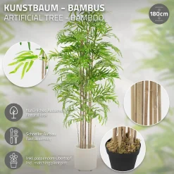 Bambou artificiel 180 cm, Plante artificielle grande avec tige en bois véritable