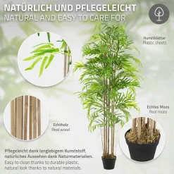 Bambou artificiel 180 cm, Plante artificielle grande avec tige en bois véritable