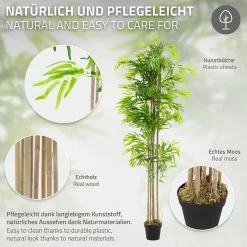 Bambou artificiel 210 cm, Plante artificielle grande avec tige en bois véritable