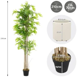 Bambou artificiel 210 cm, Plante artificielle grande avec tige en bois véritable
