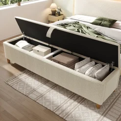 Banc de Lit avec Coffre de Rangement Hydraulique, Assise en Velours Beige, Bois Massif et MDF, 145x38x46 cm