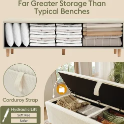Banc de Lit avec Coffre de Rangement Hydraulique, Assise en Velours Beige, Bois Massif et MDF, 145x38x46 cm