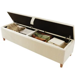 Banc de Lit avec Coffre de Rangement Hydraulique, Assise en Velours Beige, Bois Massif et MDF, 145x38x46 cm