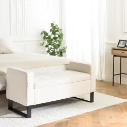 Banc tissu bouclette écru avec rangement et pieds métal noir