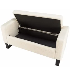 Banc tissu bouclette écru avec rangement et pieds métal noir