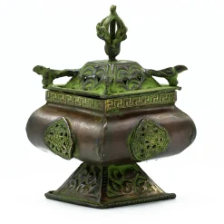 Brûleur tibétain Verdigris en laiton - Pot carré sur pied à quatre symboles- Vendu par 1