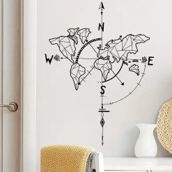 Carte du Monde Stickers Muraux Boussole Nautique Autocollant Décoration Murale pour Salon Chambre Bureau