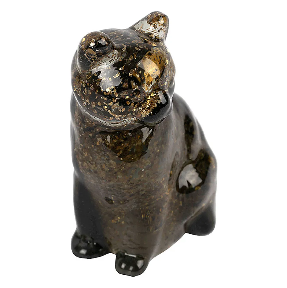 Chat décoratif verre fumé doré 7x6x10cm