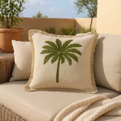 Coussin à frange broderie palmier beige, vert L.45 x l.45cm Ornami