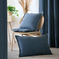 Coussin coton volant plat feston noir (45x45 cm - Bleu)