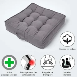 Coussin d'assise rehausseur en coton gris ardoise, 50 x 50 x 10 cm - HOMESCAPES