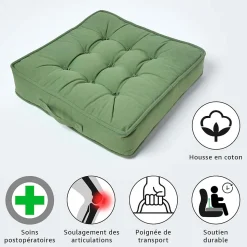 Coussin d'assise rehausseur en coton vert foncé, 50 x 50 x 10 cm - HOMESCAPES
