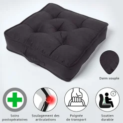 Coussin d'assise rehausseur en suédine noir, 50 x 50 x 10 cm - HOMESCAPES