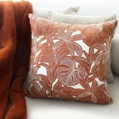 Coussin décoratif déhoussable motif feuillage tropical (40x40 cm - Cuivre)