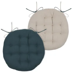 Coussin de chaise ronde réversible Cobalt et Lin