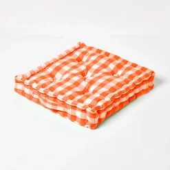 Coussin de sol orange à  grands carreaux vichy, 40 x 40 cm - HOMESCAPES