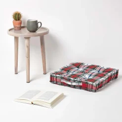 Coussin de sol rouge et blanc - tartan écossais - 40 x 40 cm - HOMESCAPES