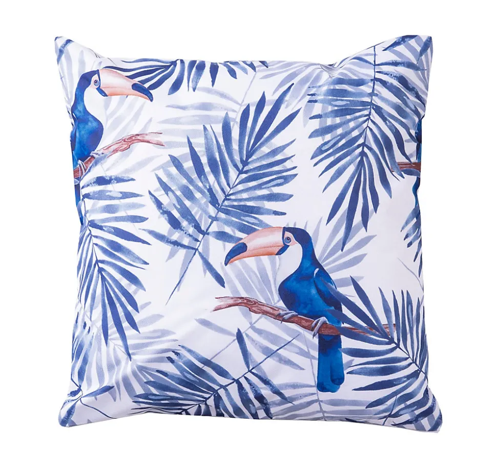 Coussin d'extérieur carré imperméable imprimé toucan tropical bleu L.45 x l.45cm Deco&co