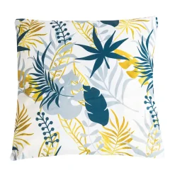 Coussin d'extérieur carré imperméable motif feuillage jaune et bleu L.45 x l.45cm Deco&co