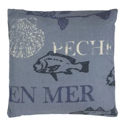 Coussin en coton motifs pêches et poissons bleu 38x38